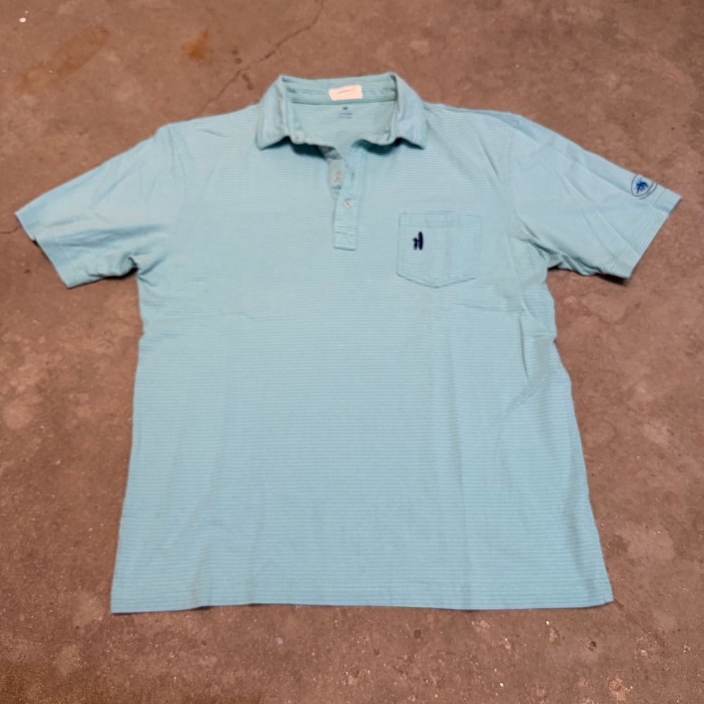 johnnie-O Polo Shirt Mens Large Blue Green Striped Short Sleeve Cotton Pocket
